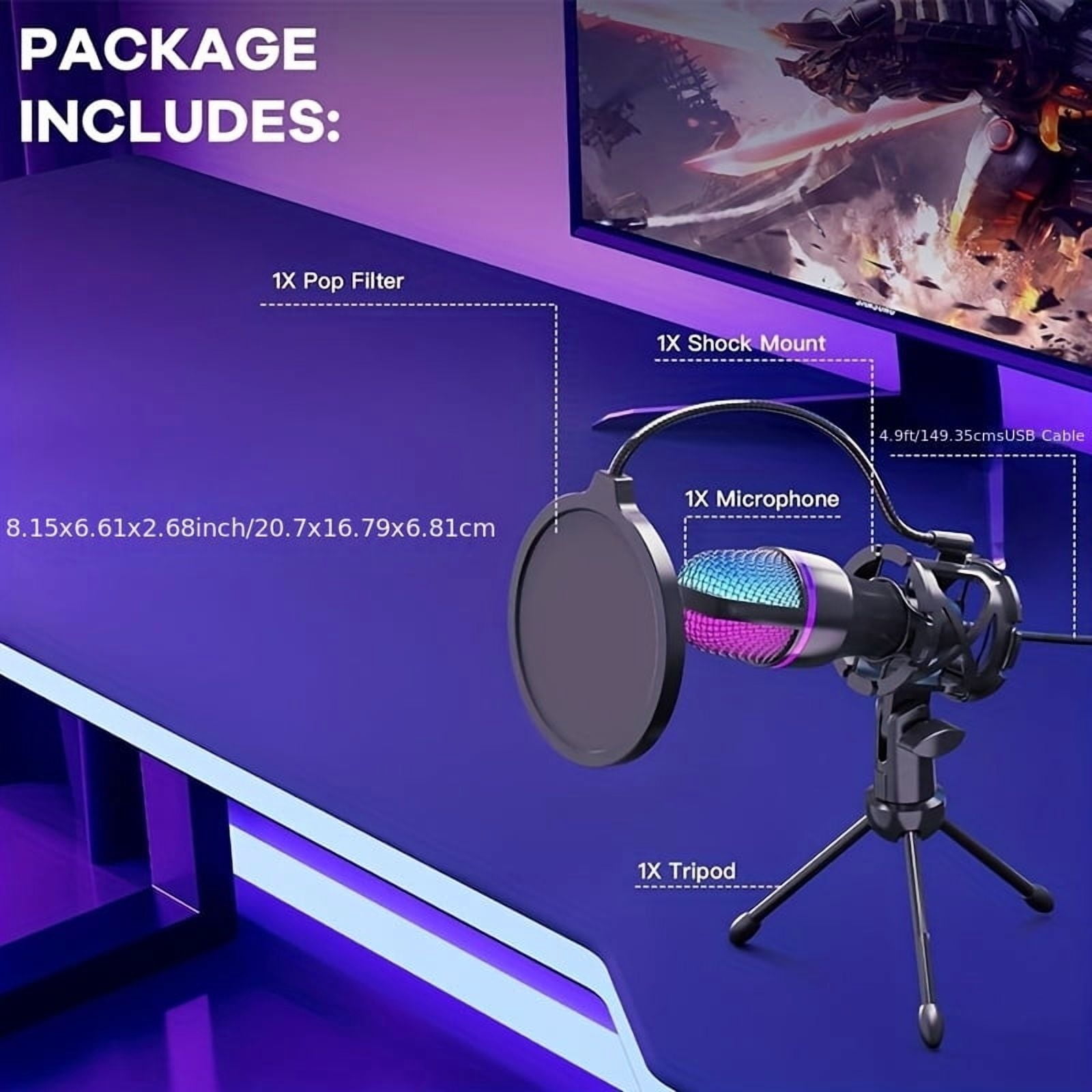 USB Condenser Microphone with Noise-Canceling, Portable Studio Recording & Streaming Mic for Gaming, Calls, Music, Compatible with PC, Laptop, Mobile Devices