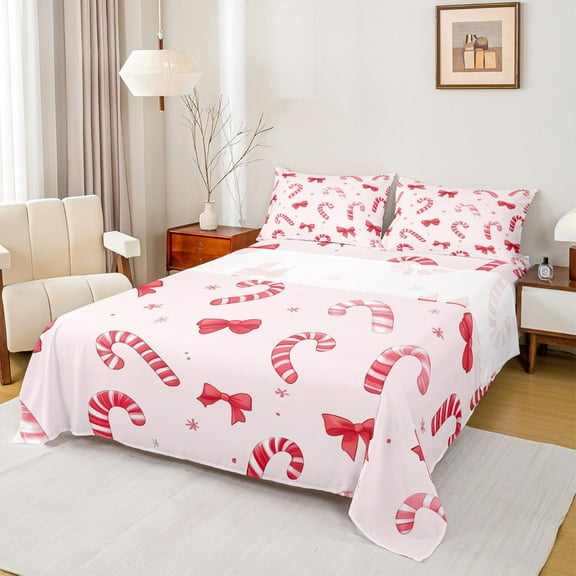 Homewish Cute Cartoon Bowtie Twin Sheet Sets,Sweet Candy Cane Twin Fitted Sheet,Red Bow Ribbon Flat Sheet For Girls Kids,Breathable Home Decor,3-Piece