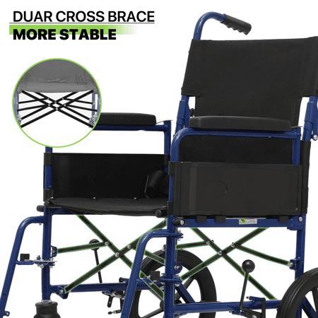 Magshion Folding Transport WheelChair, Foldable Rollator Chair with Swing-Away Footrests, Flip Back Backrest and Parking Brake for Adults, Disabled, 300lbs Weight Capacity, Blue