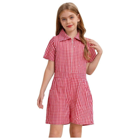 Runhomal Combinaison à Carreaux Vichy pour Filles, Manches Courtes, Uniforme Scolaire, une Pièce, Jambes Larges, Rouge 6