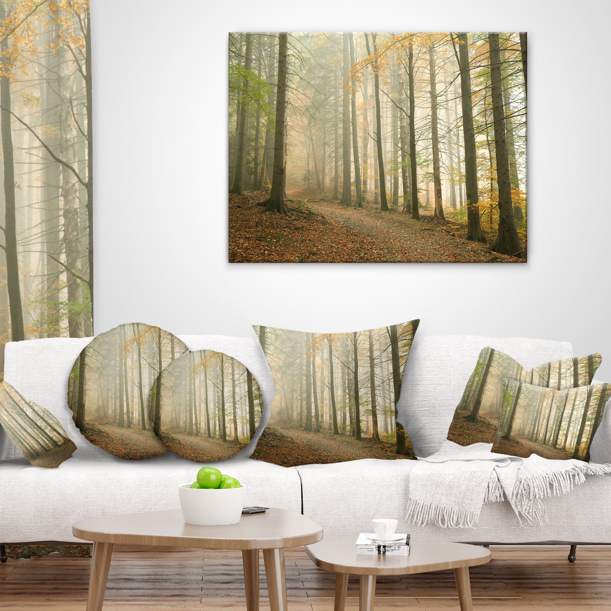 Designart Path in Misty Autumn Forest - Landscape Photography Throw Pillow - 12x20