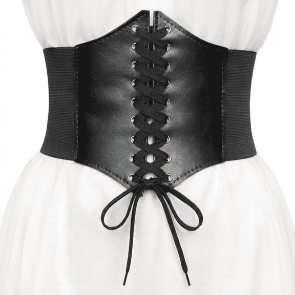 ROSEXIXI Women Corset Belt Black Elastic Waist Cinch Lace-Up PU Leather Corset Accessory, Stretchy Wide Belts Trendy For Women Medieval Dress Gothic Steampunk Outfits