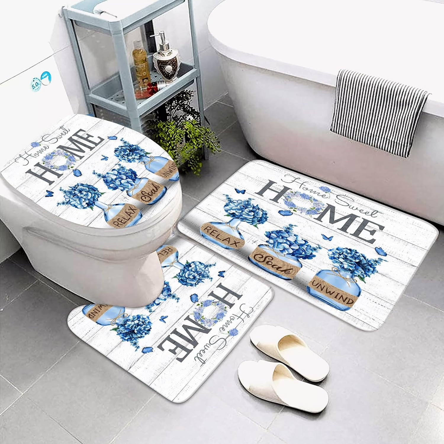 4 PCS Blue Hydrangea Shower Curtain Sets,Home Sweet Bathroom Set with Shower Curtain and Rugs and Accessories,Farmhouse Country Shower Curtain Bathroom Decor with 12 Hooks 72 X 72 Inches