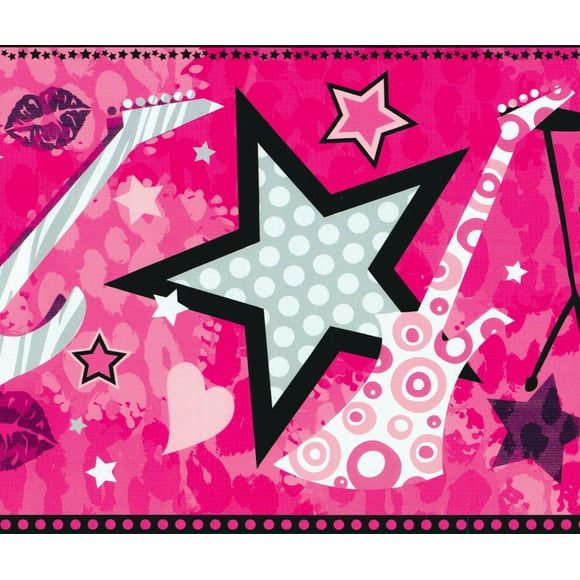 Dundee Deco's Prepasted Wallpaper Border - Kids Pink, Black, Grey Music, Rock Star, Guitar Wall Border Retro Design, 15 ft x 8 in (4.57m x 20.32cm)