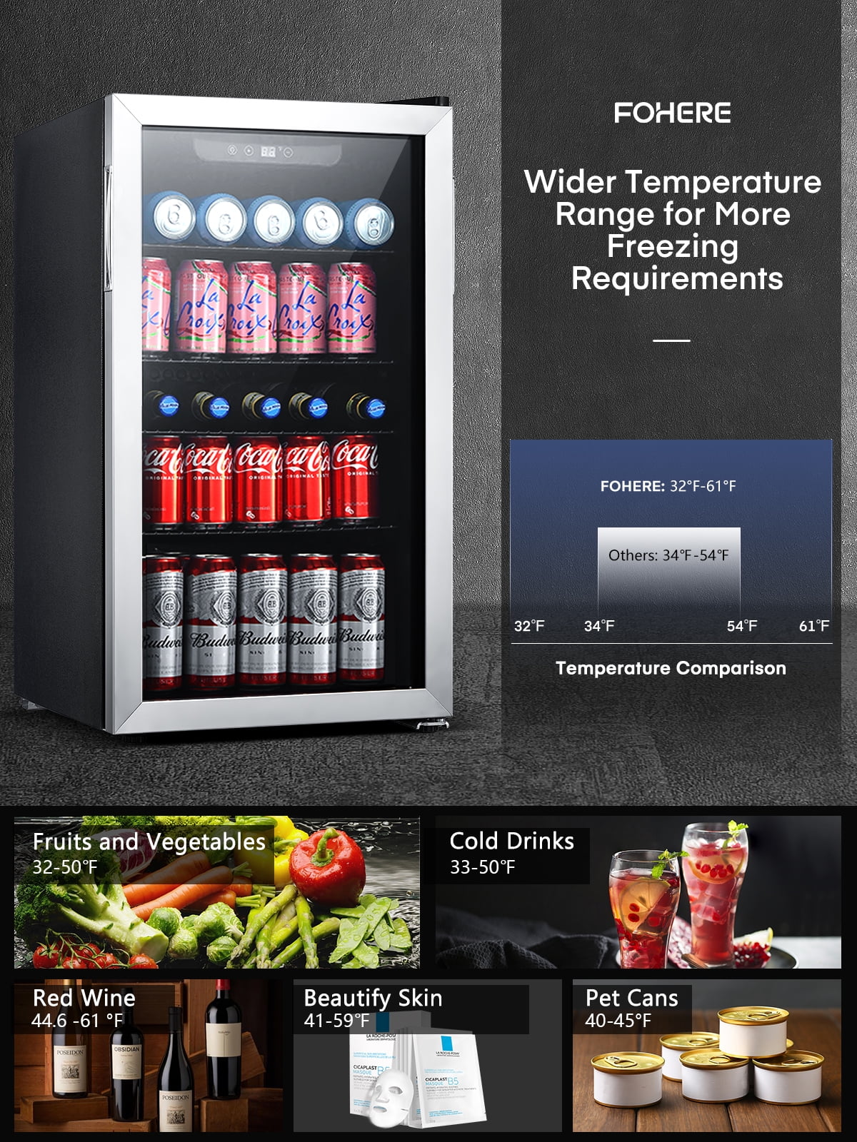 FOHERE 126 Can Beverage Refrigerator Cooler, 3.2 Cu.ft Mini Fridge, Wine Chiller for Bar/Office/Home, New, Reversible Door, 17.5 x 18.9 x 31.5 inches