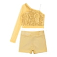 thumbnail image 3 of Doomiva Kids Girls Hip Hop Jazz Dance Outfits Sequins Mesh Long Sleeve One Shoulder Crop Top and Booty Shorts Set Gold 12, 3 of 7