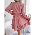 thumbnail image 2 of Women's Tie Front Smocked Waist Flounce Sleeve Mini Dress with Plunge Neckline Solid Color 100% Polyester Casual Chic, 2 of 12