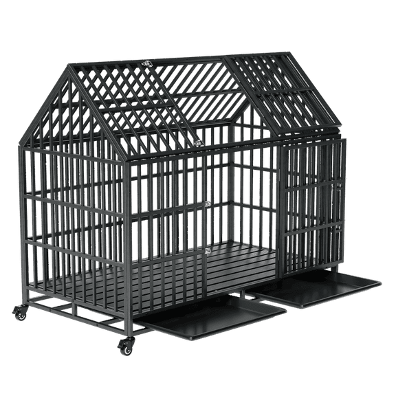Spaco 54 Inches Heavy Duty Dog Crate with Roof Top, Super Spacious Space Dog Crate with Wheels and Trays, Black