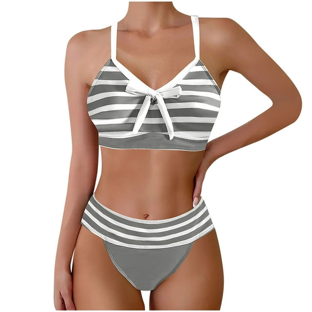 Women's Plus Size Swimsuits, Womens High Waisted Bikini Set Tie Knot High Rise Two Piece Swimsuits Striped Printed V Neck Bathing Suits with Bottoms S-3XL Bathing Suits Woman Clearance