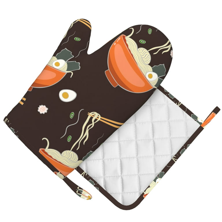 Ramen Noodles Oven Mitts Pot Holders Set Non-Slip Cooking Kitchen Gloves  Washable Heat Resistant Oven Gloves for Microwave BBQ Baking Grilling 