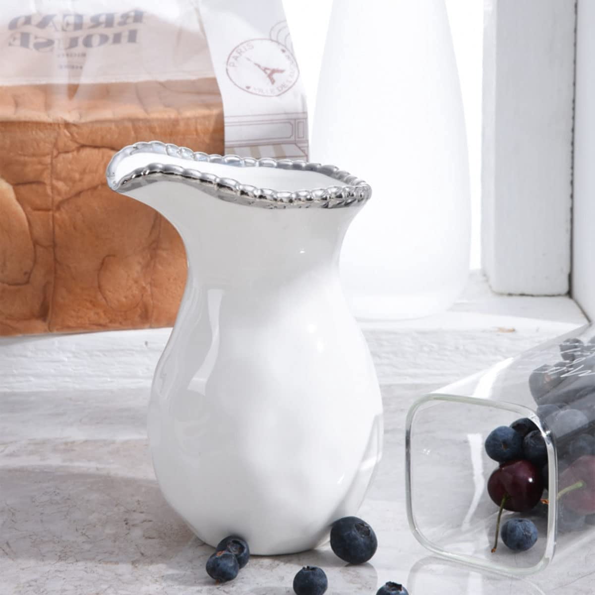 Pampa Bay Creamer or Pitcher, 4"W x 5.75"H, White and Silver