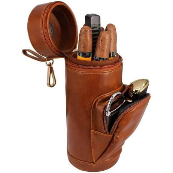 Cedar Wood Lined Portable Travel Leather Cigar Humidor Case with Pocket,Easily Carry Lighter and Cutter