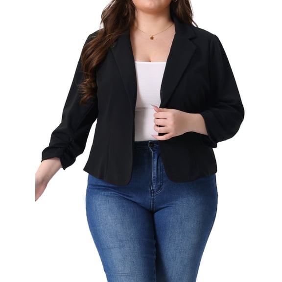 DARING DIVA Women's Plus Ruched 3/4 Sleeve Notch Lapel Blazer Jacket Black 1X