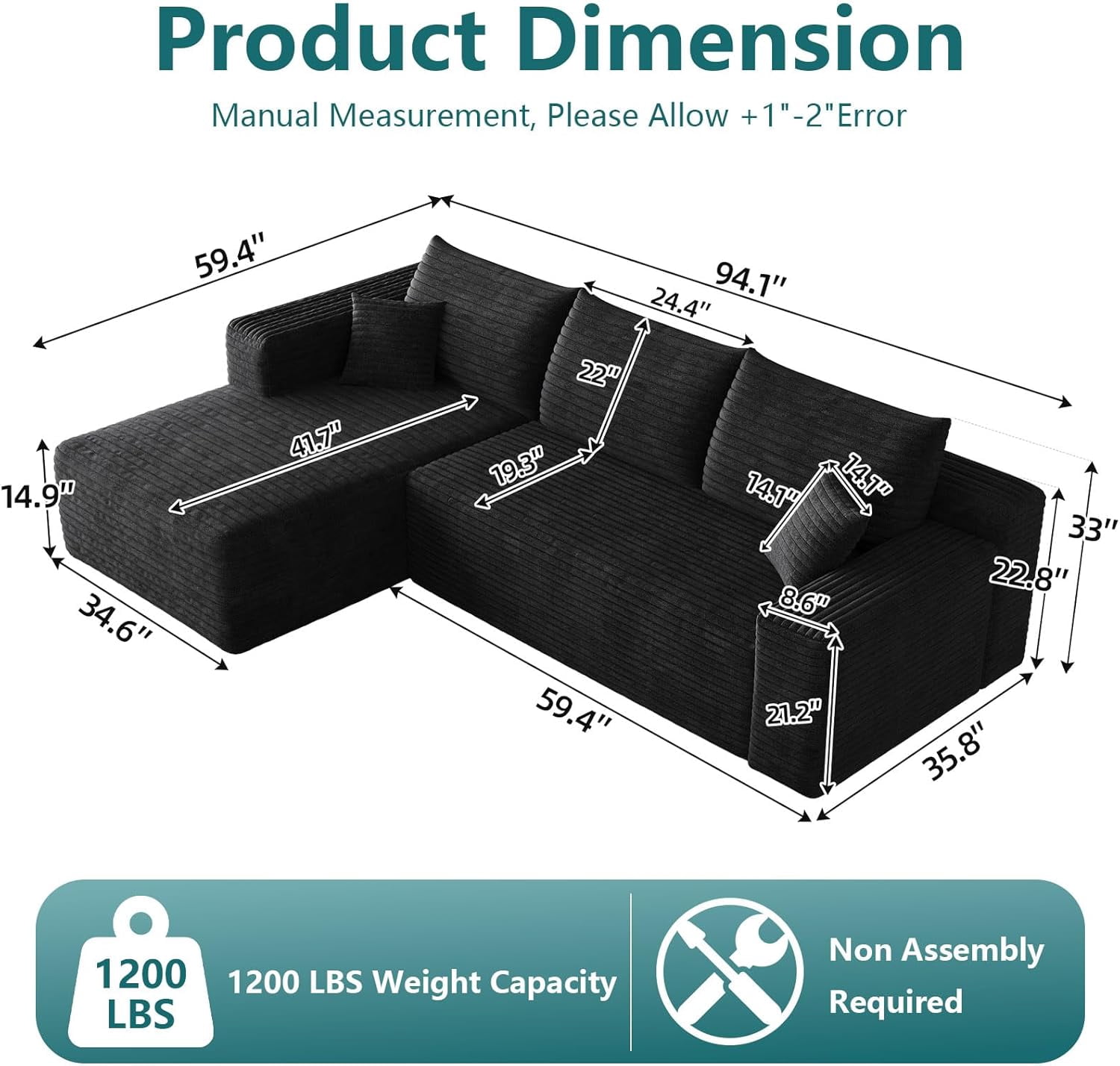 Howcool Boneless Sectional Sofa, L-Shaped Cloud Couch with Left-Facing Chaise, Deep Seat Memory Foam Modular Sofa for Living Room, Black