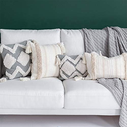 Fennco Styles Handmade Tufted Woven Tassel Decorative Throw Pillow Cover 20" W x 20" L - White Boho Cushion Case for Home, Couch, Living Room, Bedroom, Office Décor