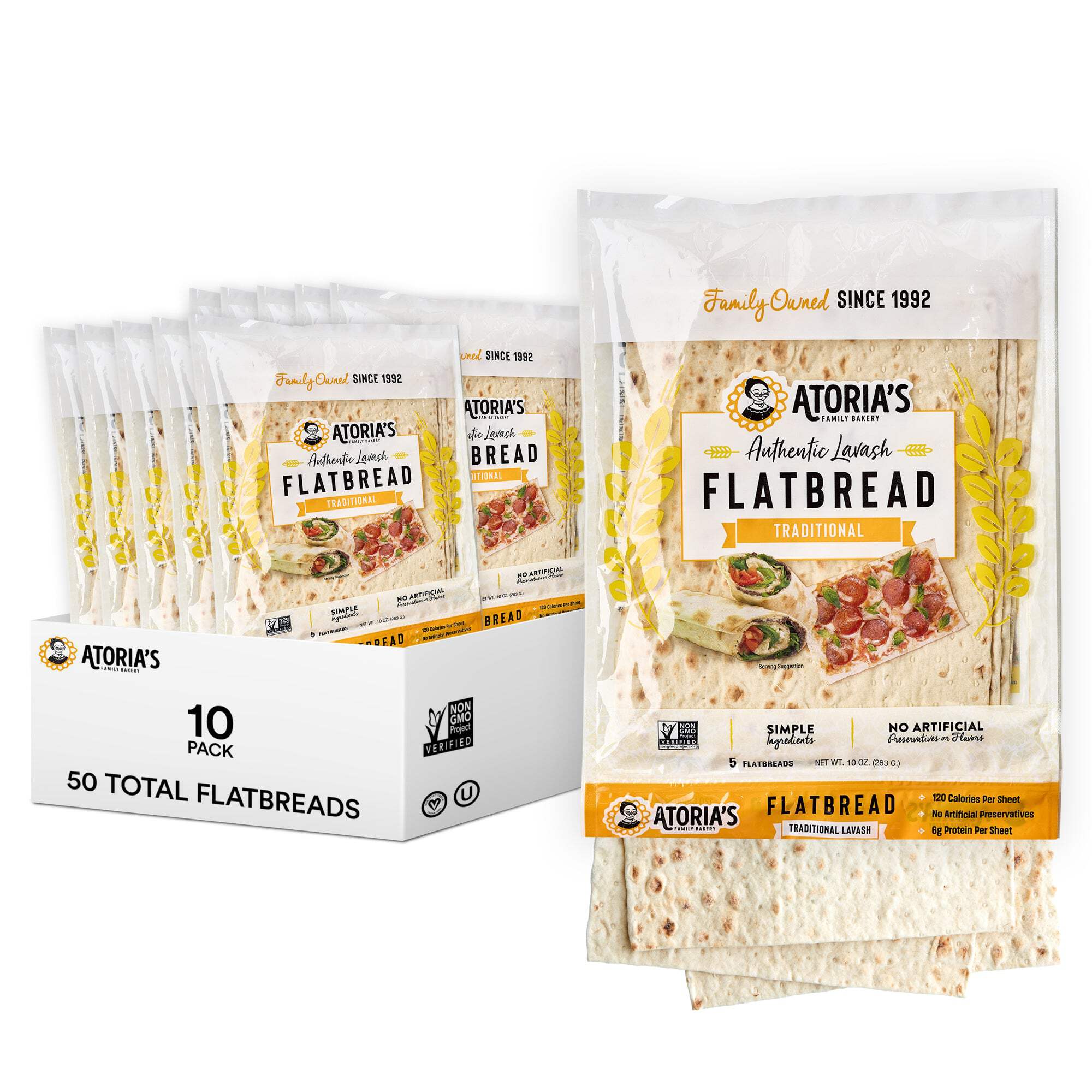 Atoria's Family Bakery Traditional Lavash | Non-GMO, Vegan (10 Pack, 50 Flatbreads Total)