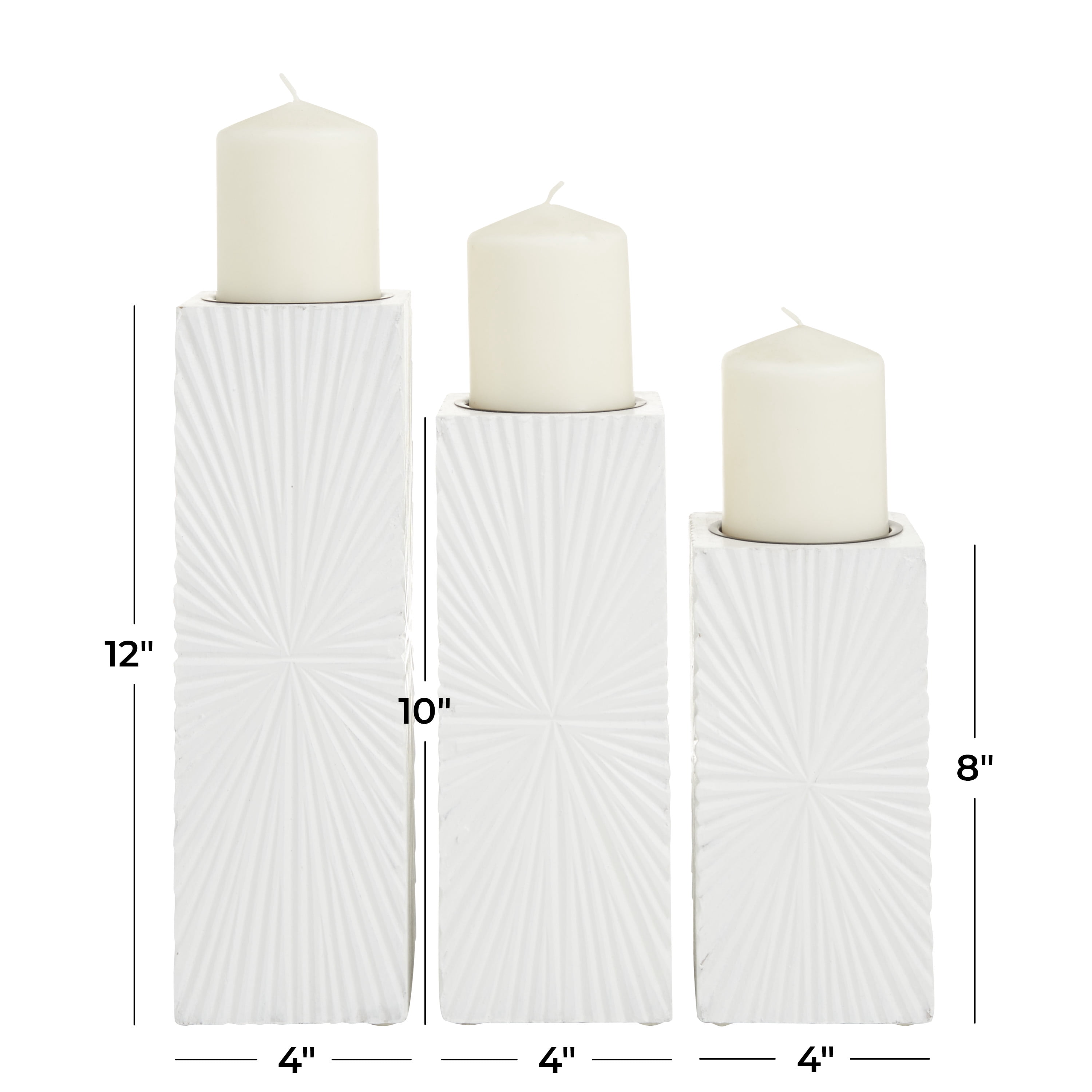 CosmoLiving by Cosmopolitan 3 Candle White Wood Geometric Carved Pillar Candle Holder, Set of 3