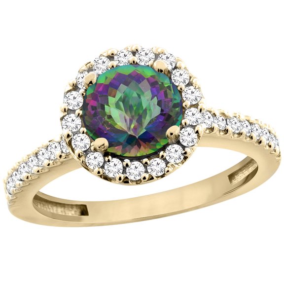 14K Yellow Gold Natural Mystic Topaz Ring Round 6mm Floating Halo Diamond, size 5