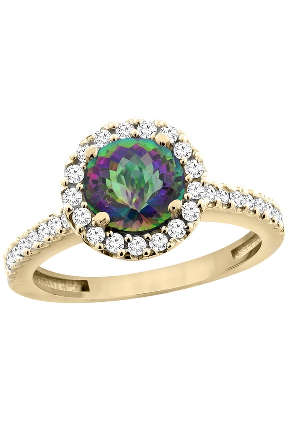 14K Yellow Gold Natural Mystic Topaz Ring Round 6mm Floating Halo Diamond, size 5