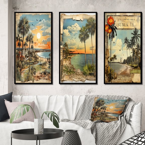 Designart "Vintage Florida Collage Palm Trees and Beach Scenes III" Florida Framed Wall Art Set Of 3 - Green Modern Frame Canvas Set For Living Room Decor