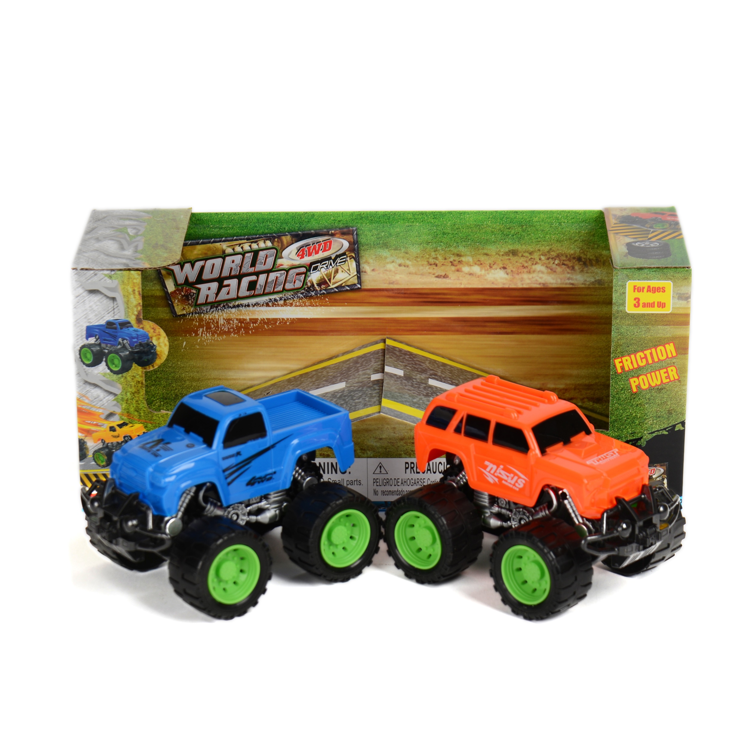 Set of 2 Friction Monster Trucks with Ramp – Travel-Size Off-Road Toy Trucks for Kids