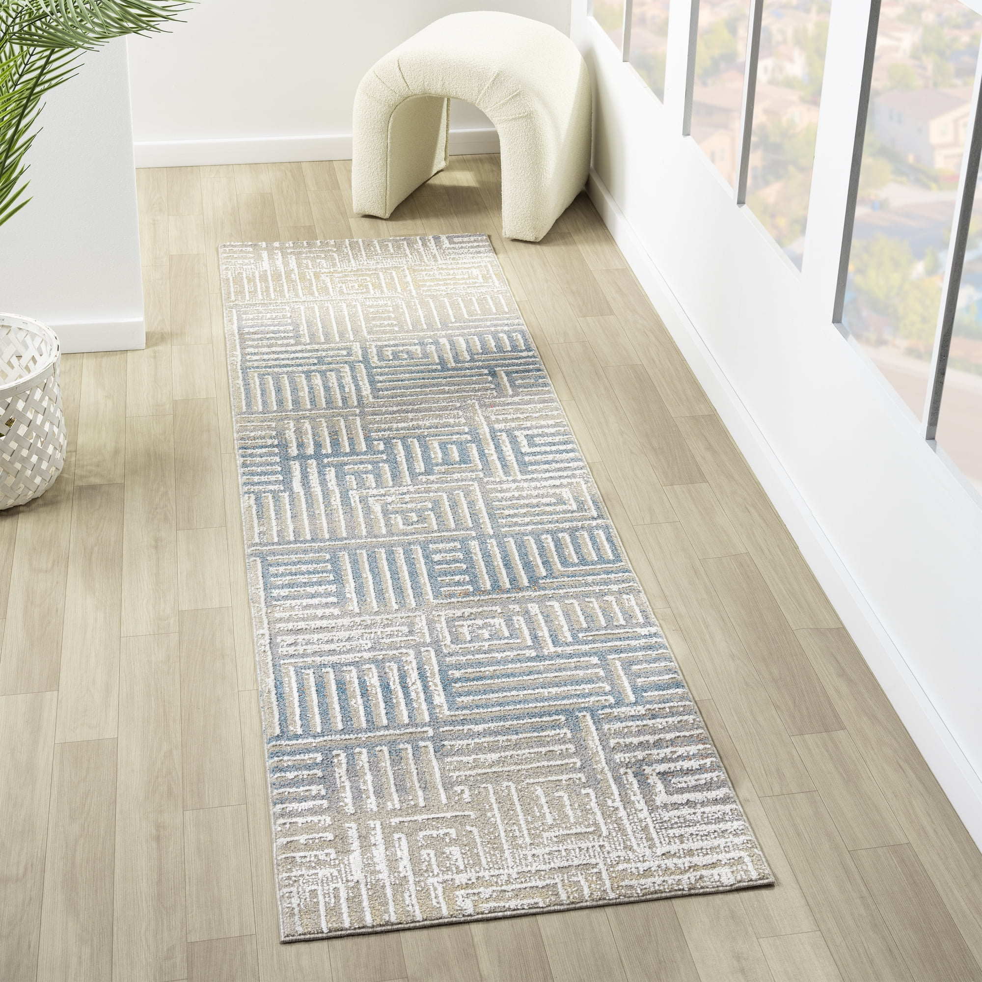 Ox Bay Wesley 2'2" x 7', Gray/Blue Geometric Washable Indoor Runner Rug by Evette Rios