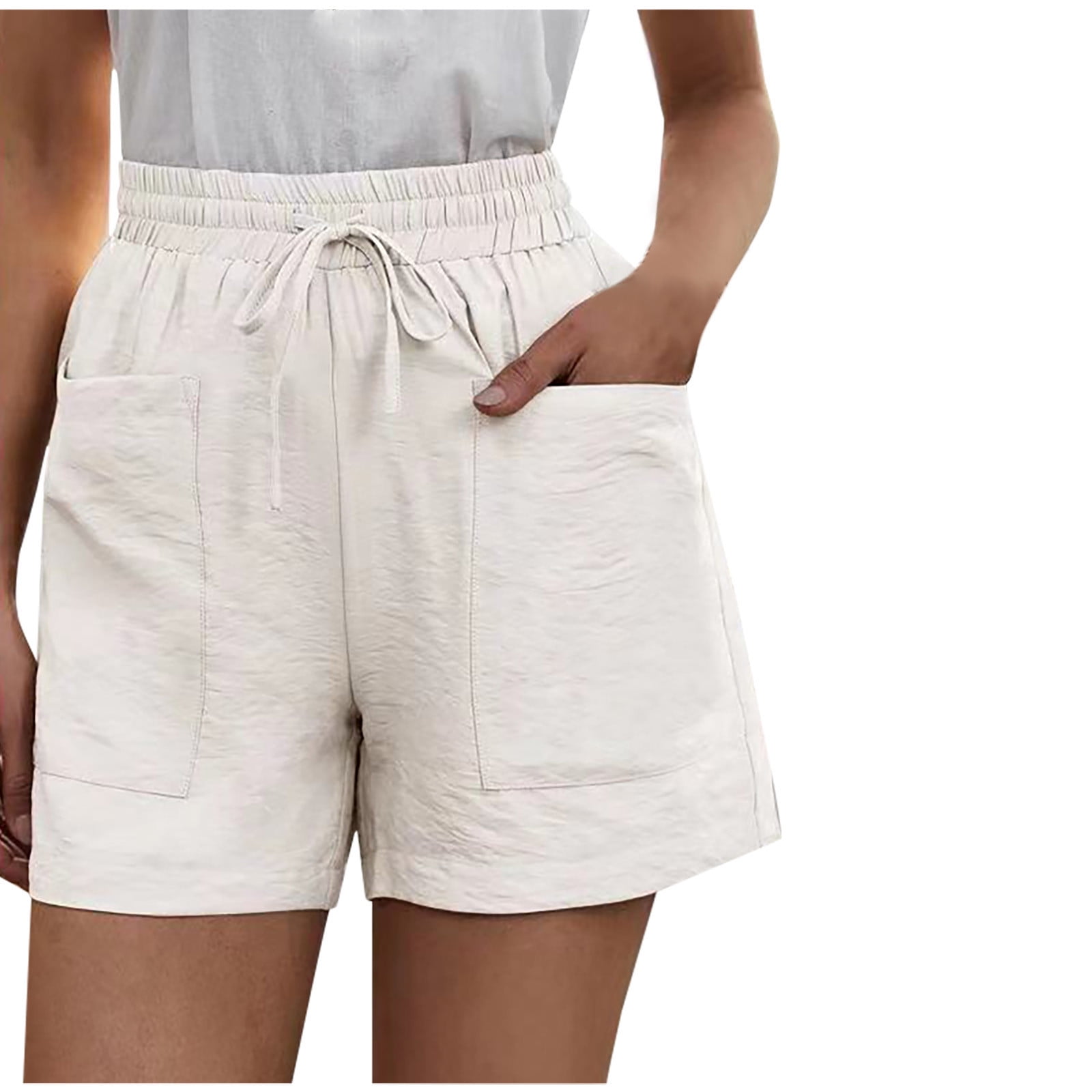 Cotton Linen Shorts for Women Elastic Waist Drawstring Straight Short ...
