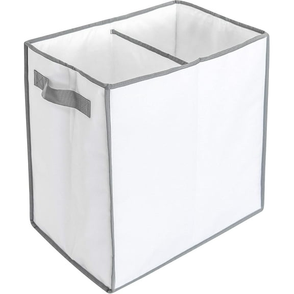 HOMESTEAD Laundry Basket – White Minimalist Collapsible Laundry Hamper with Two Compartments and Handles, Large Foldable Polyester Storage Bin for Clothes and Linens