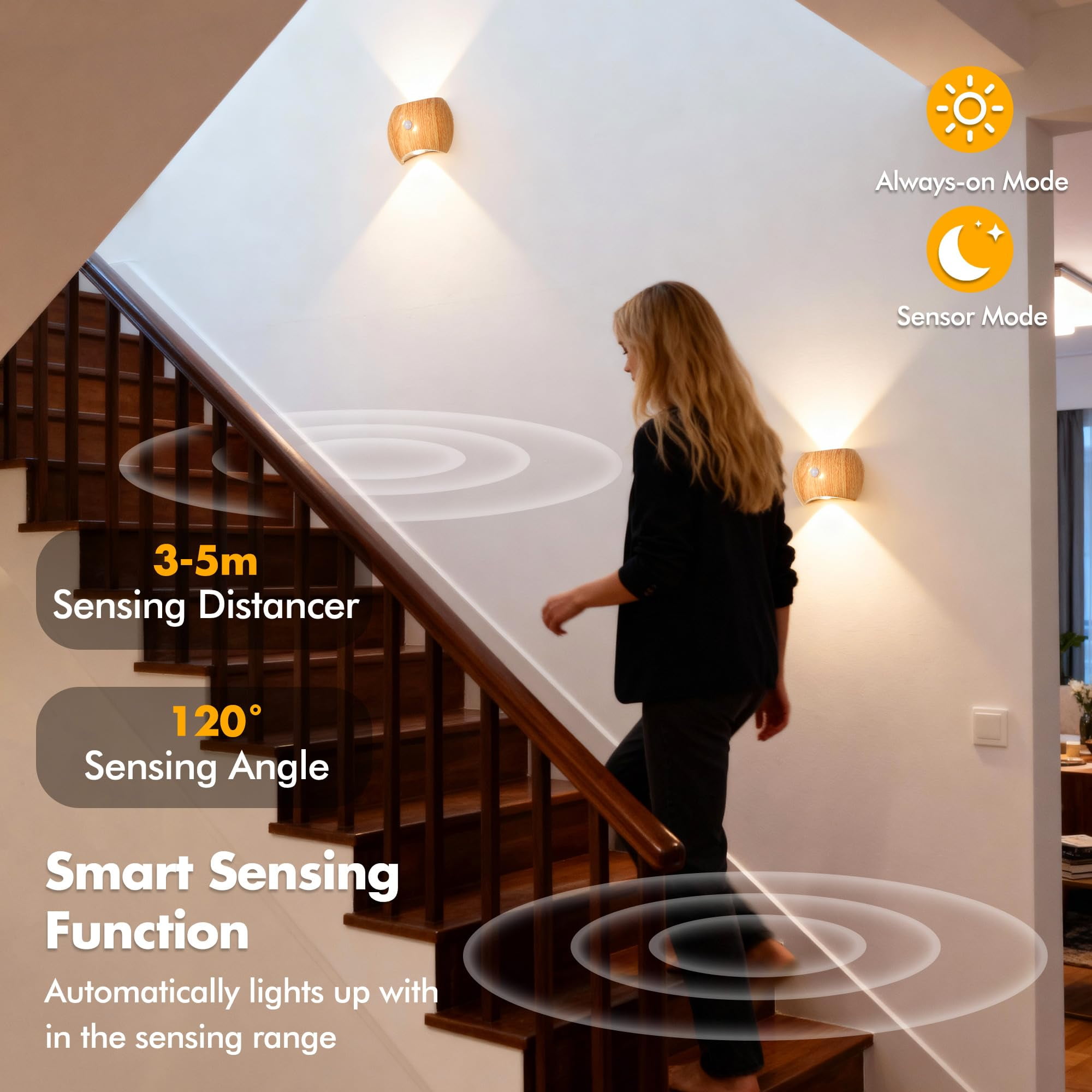 Motion Sensor Wall Lights Indoor - Rechargeable Wall Lights Up & Down, Wireless Battery Operated Wall Sconce Set of 4for Bedroom, Hallway, Stair, Living Room Decor, Wood Cordless Magnetic Wall Lamp