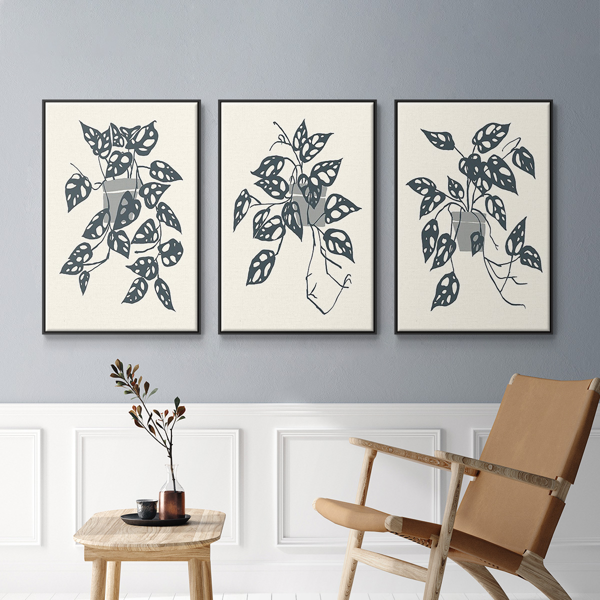 Growing Leaves I - Framed Premium Gallery Wrapped Canvas L Frame 3 Piece Set - Ready to Hang
