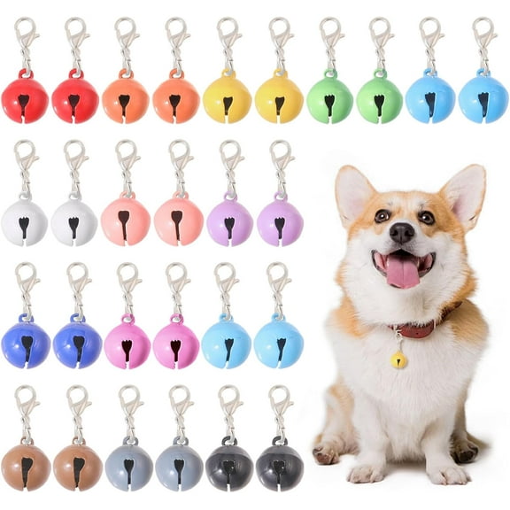 28Pcs 14 Colors 2pcs/color Dog Collar Bells Flat Pet Jingle Bell Collar Charms Assorted Colors Pet Mini Bells Collar Accessories with Clasps