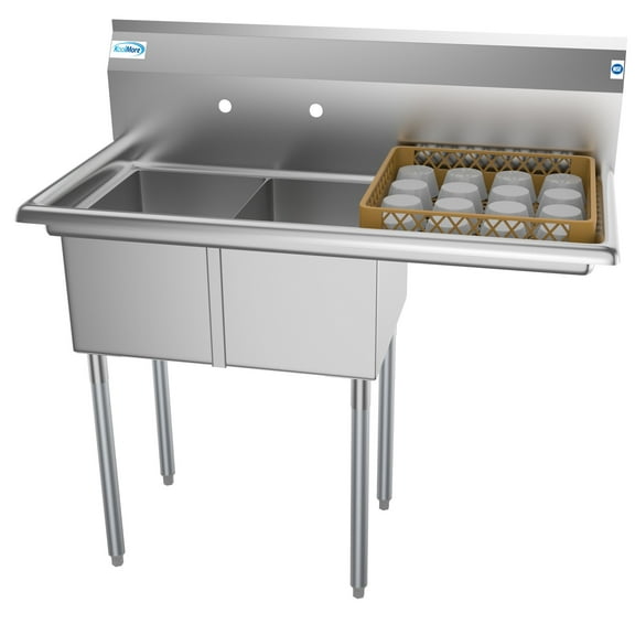 KoolMore 43 in. Two Compartment Stainless Steel Commercial Sink with Drainboard, Bowl Size 12"x 16"x 10"