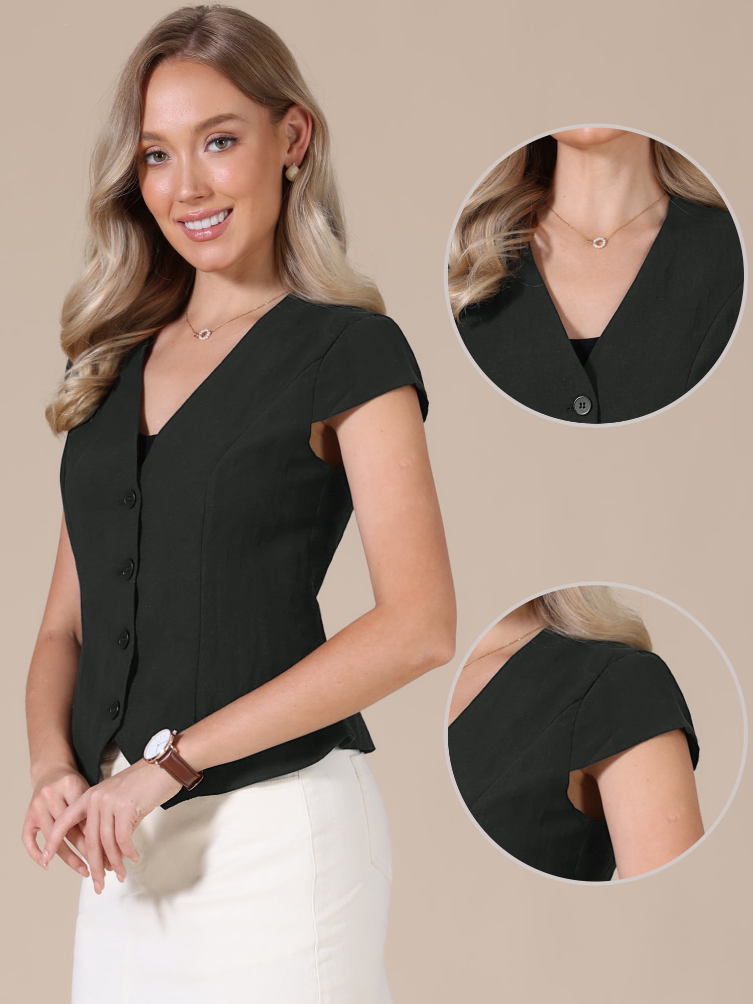 DARING DIVA Women's Summer Button Down Cap Sleeve Busines Dressy Vest S Black