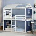 thumbnail image 2 of Twin Over Twin House Bunk Bed with Tent, Twin Bunk Beds Frame with Windows Sills and Build-in Ladder, House Shaped Bunk Bed with Safety Rails for Teens Adults, Blue, 2 of 9