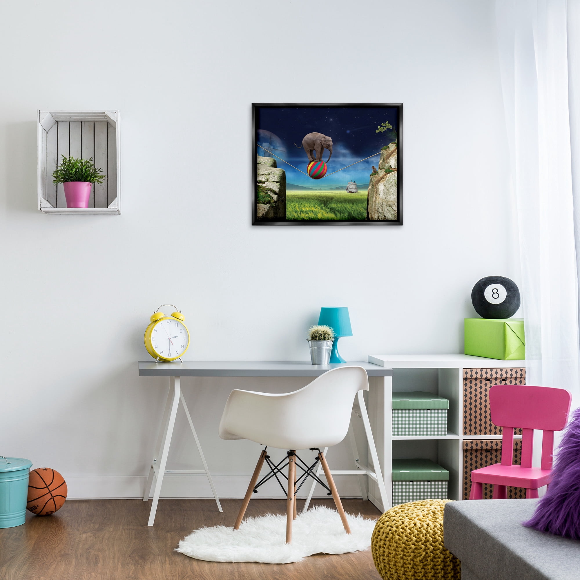 Stupell Industries Elephant Balancing on Ball Animals & Insects Painting Black Floater Framed Canvas Art Print Wall Art, 31 x 25