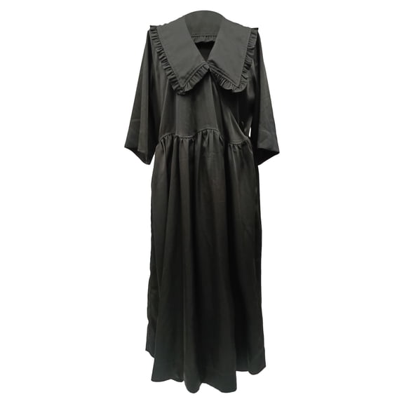 Pre-Owned Ganni Smocked Ruffled Collar Maxi Dress in Black Polyester