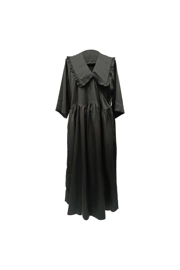Pre-Owned Ganni Smocked Ruffled Collar Maxi Dress in Black Polyester