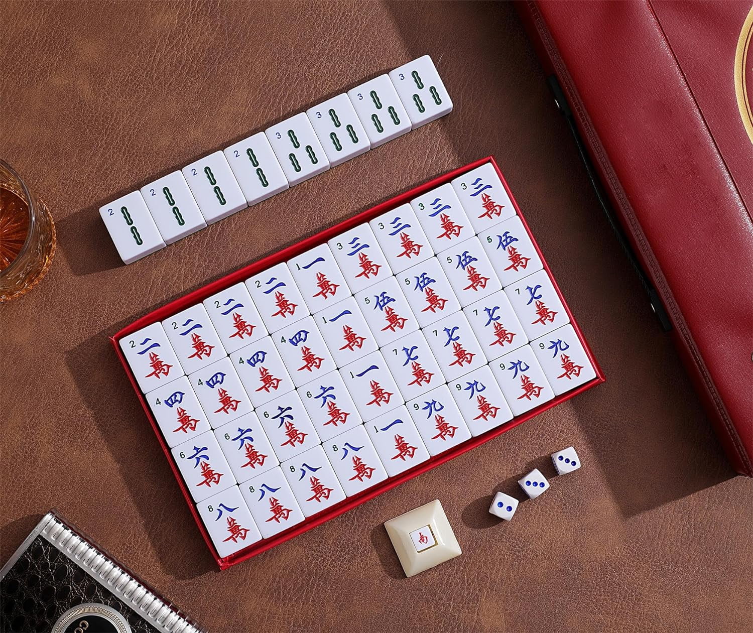 Chinese Mahjong Game Set 1.5" X-Large 144 Numbered White Blue Melamine Tiles with Carrying Travel Case,Complete Majong Majiang, Mah Jonng Game Set