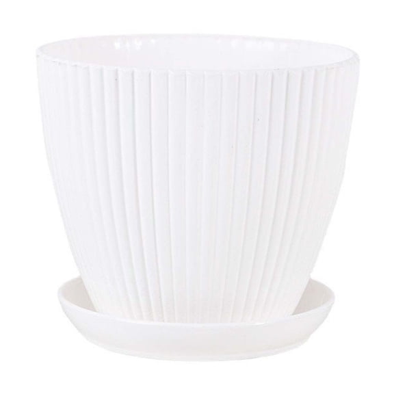 Ribbed Flower Pot with Saucer, 4-Piece Stackable Planter Set for Indoor Outdoor Plants, Minimalist Ceramic Look Plastic Pots White 4" X 3" X 3"