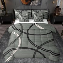 Manfei Waves Stripes Lines 7pcs Bedding Comforter Set,Modern Geometric Queen Bedding Sets,Gray Black Queen Sheet Sets For Boys Girls,Breathable Home Decor Reversible