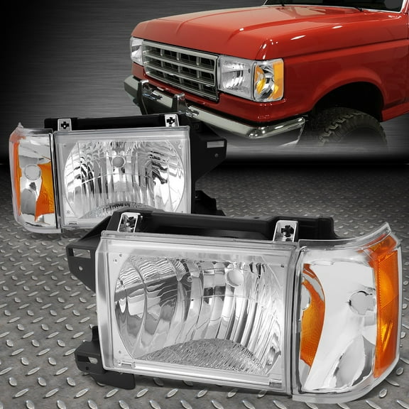 FOR 87-91 FORD F150 F250 BRONCO CHROME HOUSING AMBER CORNER HEADLIGHT HEAD LAMPS
