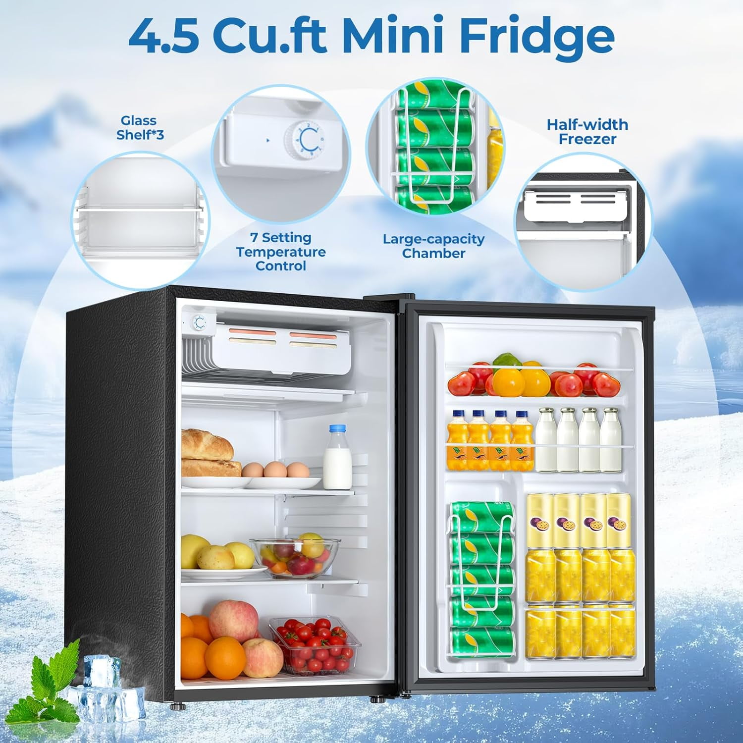WAA 4.5 Cu.Ft Mini Fridge with Freezer Reversible Door,Adjustable Thermostat for Small Spaces (Black)
