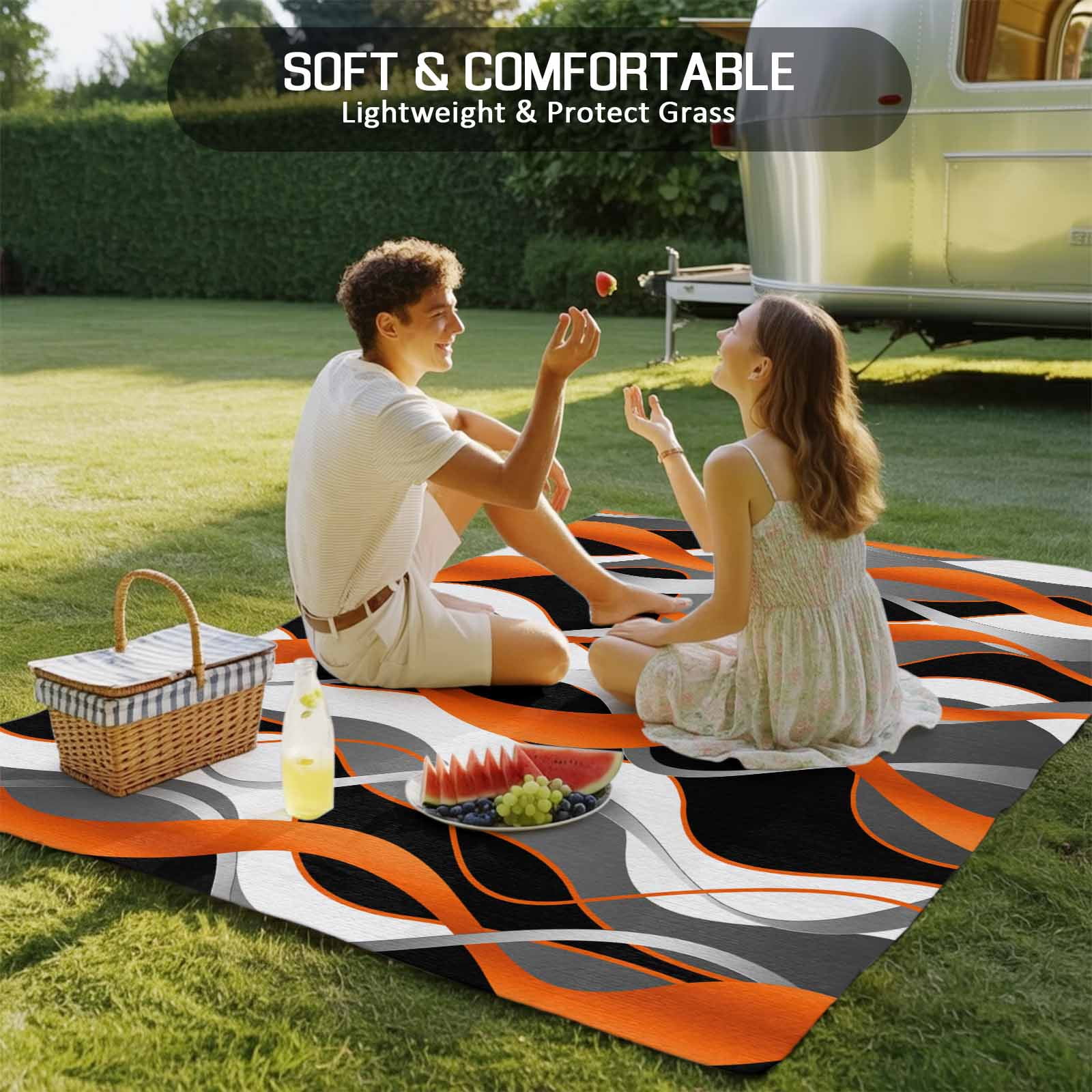 Fsddascl Abstract Stripes Outdoor Rug for Patio/Deck/Porch, Non-Slip Large Area Rug 5 x 8 Ft, Retro Modern Orange Black Gray Lines Indoor Outdoor Rugs Washable Area Rugs, Camping Rug Carpet