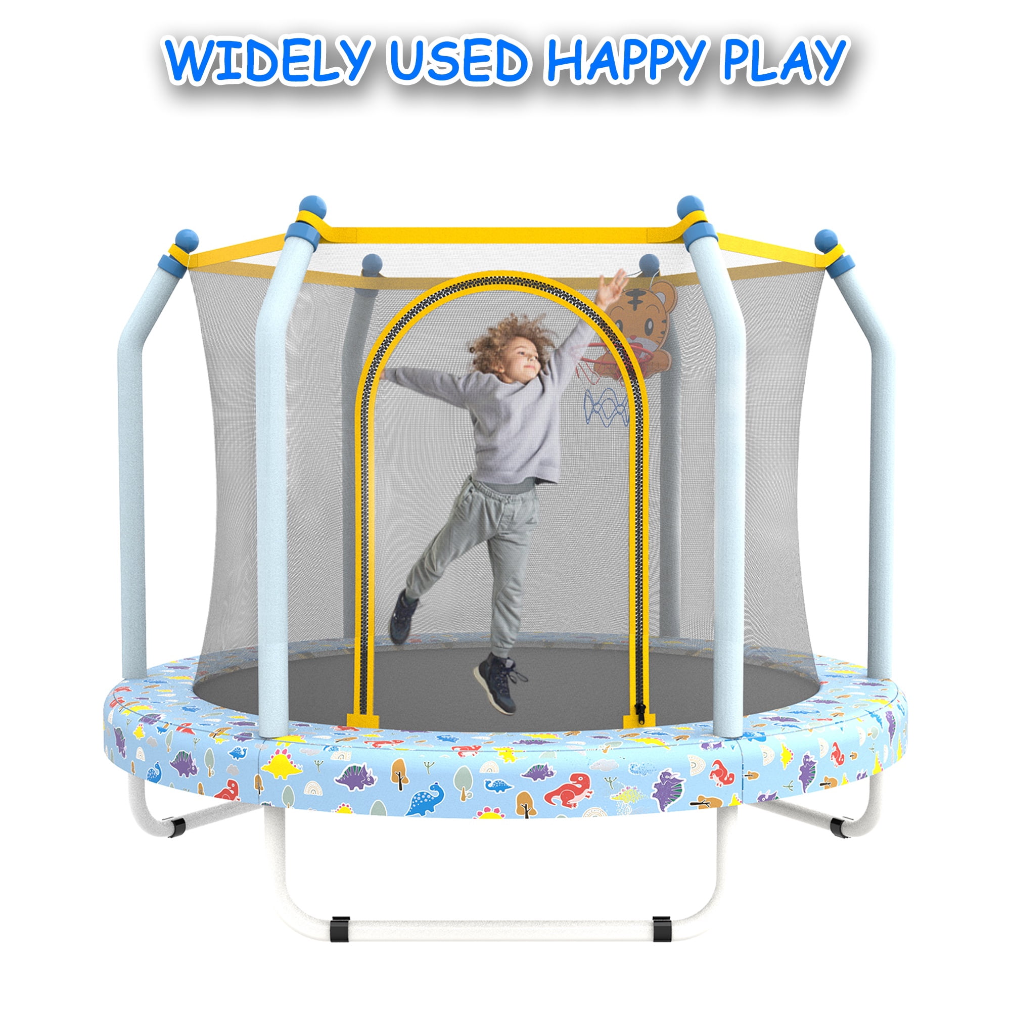 BTMWAY 55" Toddler Trampoline with Safety Enclosure Net, Trampoline Indoor & Outdoor, Mini Trampoline for kids 1-8 with Basketball Hoop, Ball and Thick Foam Protection, Birthday Gifts for Boy &Girl