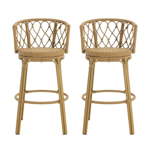 GDF Studio Boho Wicker Outdoor Bar Stools, Light Brown(Set of 2)