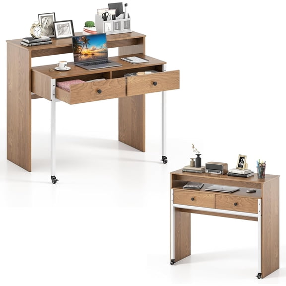 WoofPaw Small Computer Desk with Hutch & Drawers, Extendable Writing Desk w/Pull Out Secondary Table, Monitor Stand & Rolling Wheels, Console Table, Compact Desk for Small Spaces (Natural)