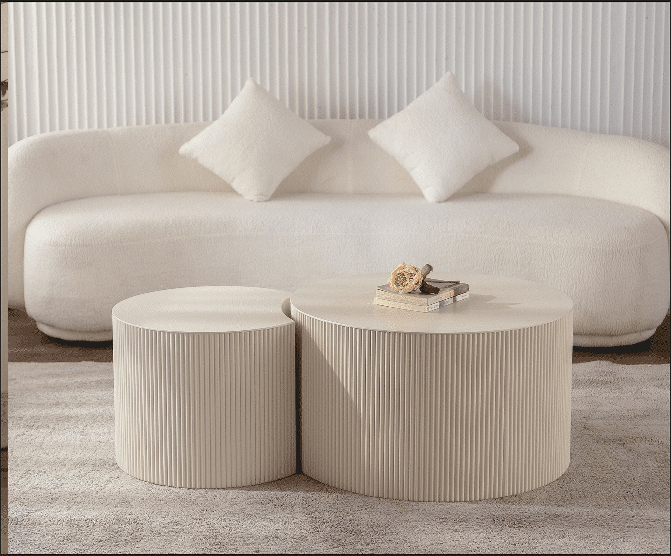 MDQMDCoffee Table Set of 2,Round Coffee Table Handcrafted Relief Sturdy Pedestal Wooden Olive-Shaped Tea Table for Living Room