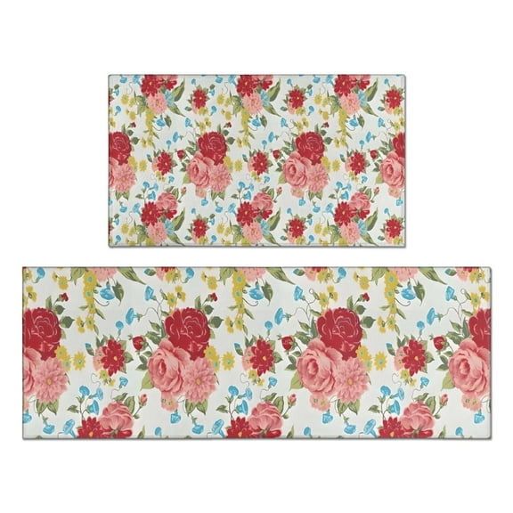 Pioneer Flower Floral Print Pattern Kitchen Rugs Sets Of 2,Anti Fatigue Kitchen Mat Rugs Non Slip Washable,Decorative Kitchen Floor Mats for Kitchen,Sink,Laundry,17"x30" 17"x47"