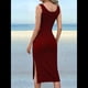 thumbnail image 5 of Vestido de Verano para Mujer, Informal, Sin Mangas, Cuello Cuadrado, Ajustado, con Abertura Lateral, Midi, Acanalado. Vino Tinto S, 5 of 9