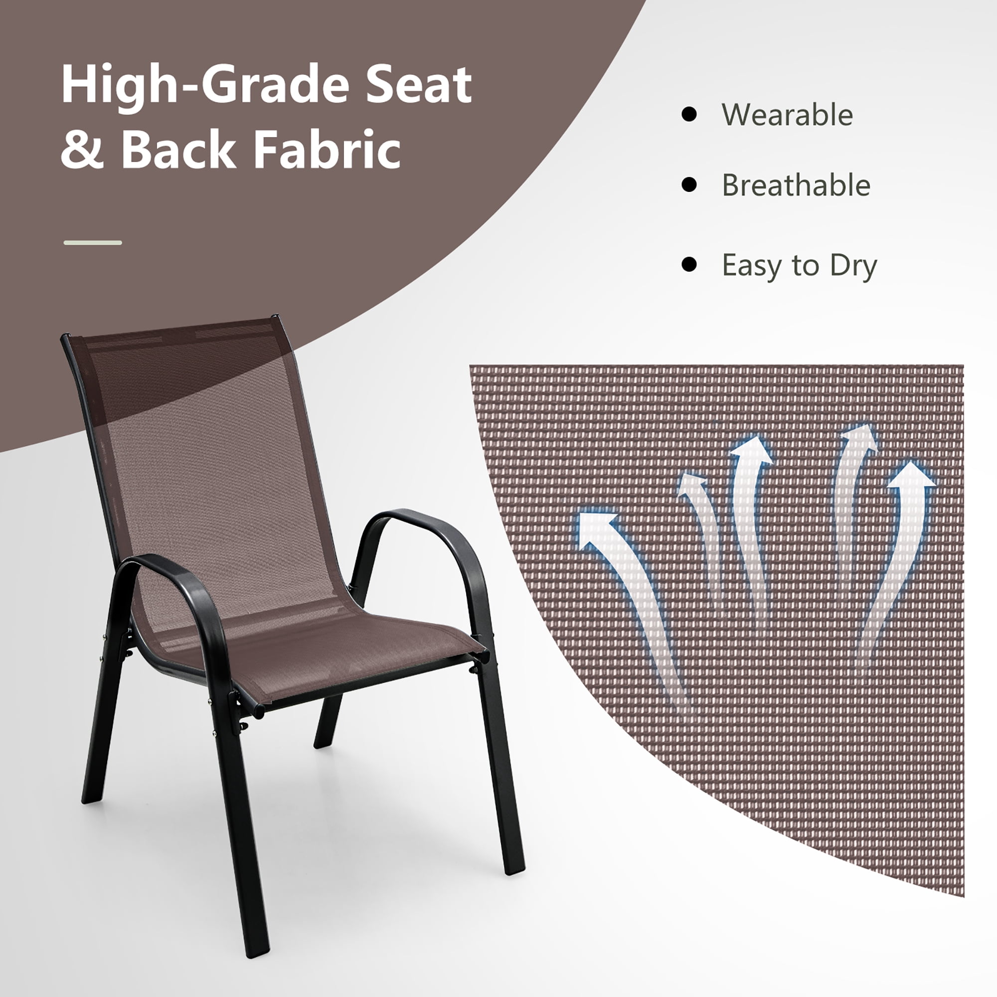 Gymax 4PCS Patio Stacking Dining Chairs w/ Curved Armrests & Breathable Seat Fabric Brown